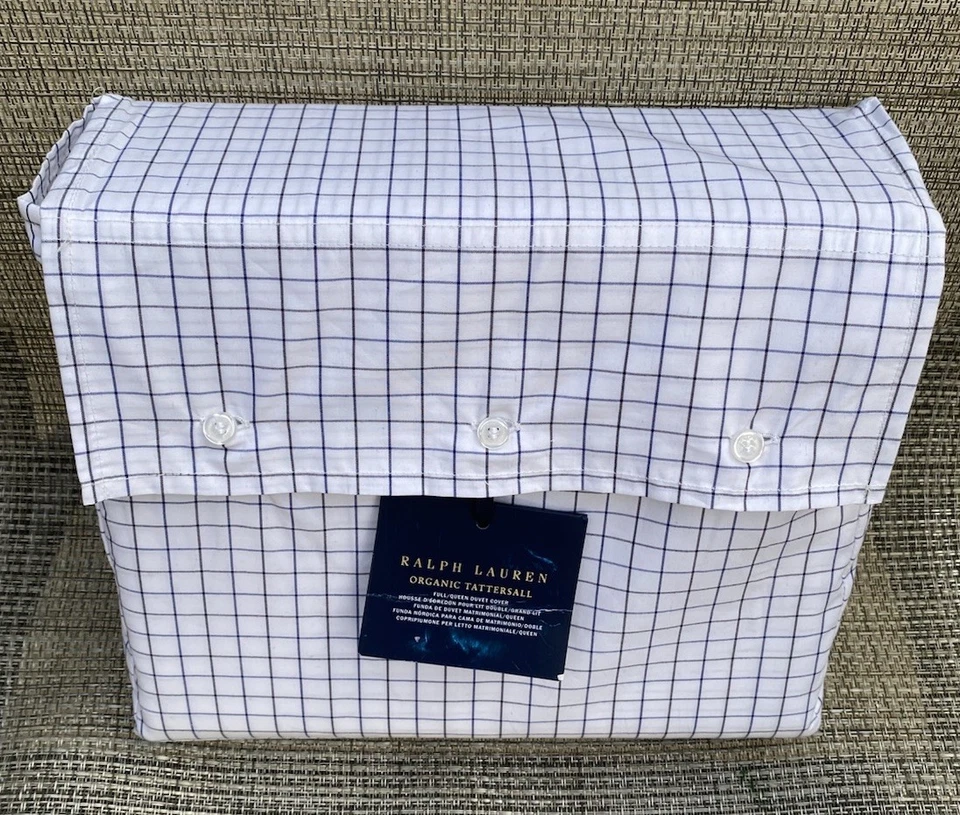 Funda nórdica Ralph Lauren azul blanco orgánico Tattersall algodón a cuadros FULL QUEEN Foto 2 de 4