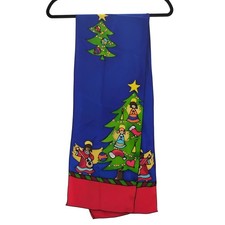 Hand Painted Silk Christmas Scarf Tree Angels Blue Red Green Made in USA