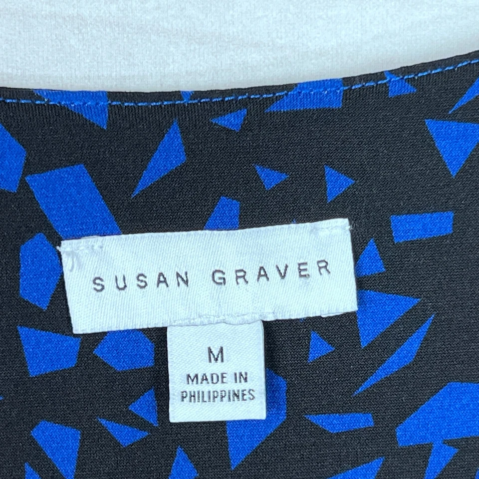 Blusa Susan Graver Top Mujer M Estampado Azul Tejido Líquido Manga 3/4 Cuello en V Foto 4 de 4