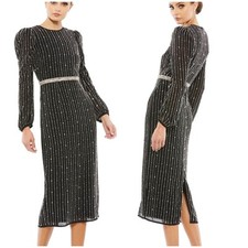 Mac Duggal NWT Jewel Neck Embellished Tea Midi Dress Long Sleeve Size 4 Black