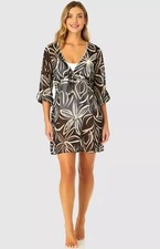 Ibiza Anne Cole Women's V-Neck Black/White Swimsuit Cover-Up Chiffon Dress S