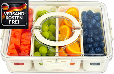 Snackbox mit 4 Fächern für Obst Nüsse Snacks - Lunchbox mit Griff, transparent
