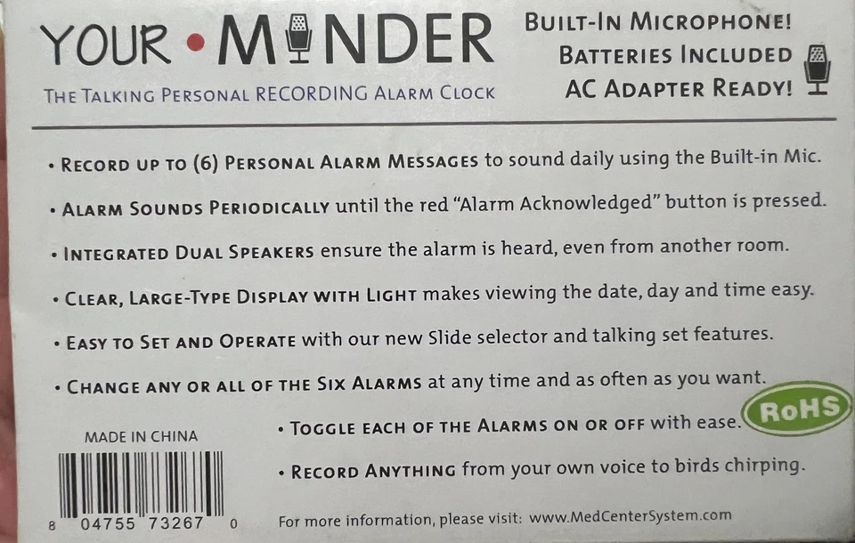 MedCenter "Your Minder" Talking Personal Recording Alarms Clock with AC Adapter - Image 4 of 4