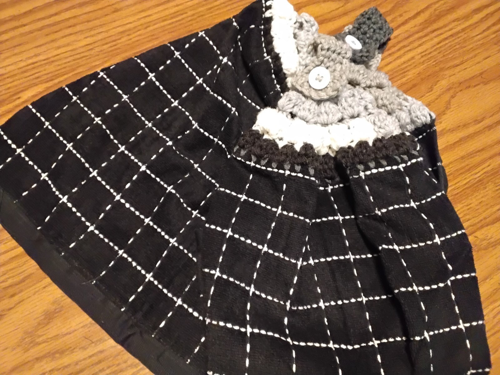 Black White  2 Hanging Kitchen Dish Towel Set Crochet Tops Handmade