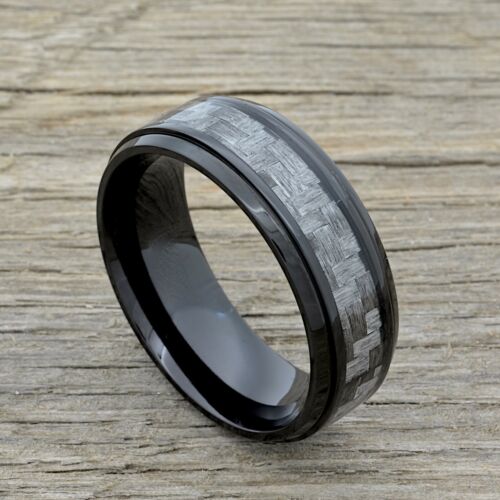 Black Titanium Wedding Band with Carbon Fiber Inlay 8mm Comfort Fit Ring - Picture 1 of 3