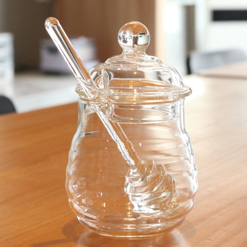 250ml Glass Honey Pot Clear Jam Jar Set with Dipper and Lid for Home Kitchen Use - Picture 7 of 9