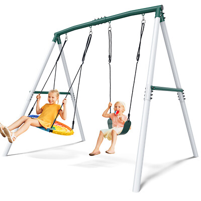 500lb Heavy Duty Swing Set 7.5ft Tall Metal Frame with 2 Swings for Kids Outdoor