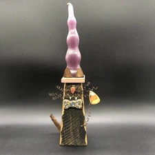 Primitive Halloween Wood Black Cat With Candle Hat Ganz Un-Burned Folk Art Style