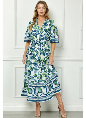 NWT Anthropologie Fig Flower Boho Blue Floral Dress Ruffle Size-L