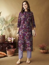 Indian Women Chanderi Silk Purple Printed Kurta Kurti Top Tunic New Style Dress