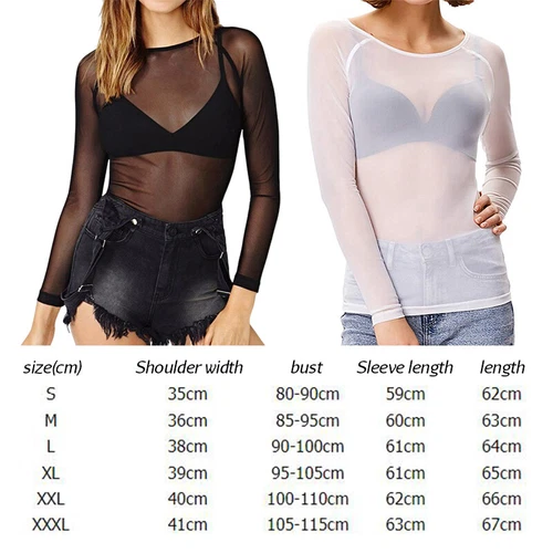Womens Mesh Sheer See-Through Long Sleeve Summer Crop Tops T-Shirt Blouse Tee - Picture 5 of 23