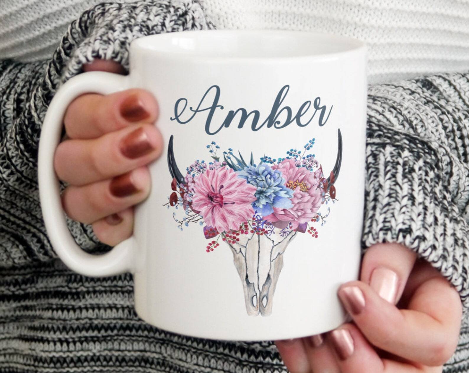 Personalised Flower Crown Bull Skull Mug Gift For Her Birthday Gift Personalised