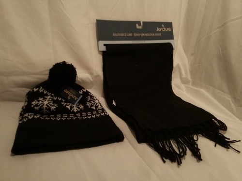 LOT OF JUNCTURE NORDIC SNOWFLAKE FLEECE LINED CAP AND SCARF BLACK UNISEX WINTER - Picture 3 of 4