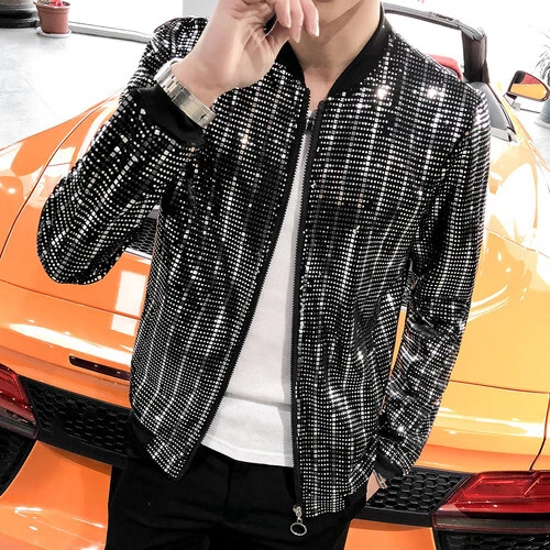 New Men Zipper Coat Sequin Bomber Jacket Men's Shiny Sequins Long Sleeves - Picture 2 of 12