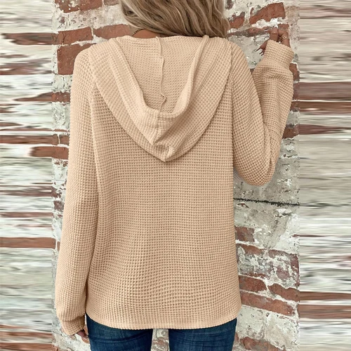 Women's hooded waffle knit button V-neck long sleeved sweater sweatshirt top- - Bild 11 von 43