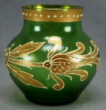 Carl Goldberg Bohemian Gold Yellow Scrollwork Enameled Green Glass Mini Vase