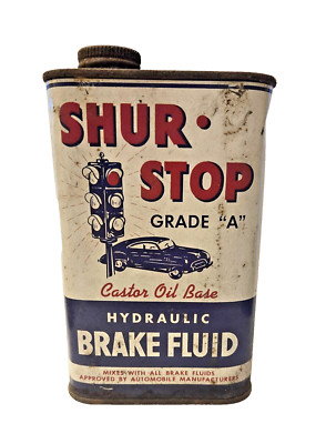 Vintage 1950s SHUR STOP HYDRAULIC BRAKE FLUID Can Hard to Find Rare