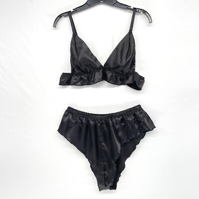 Nasty Gal Satin Bralette Panties Set High Leg Black Size M Sexy Lingerie  Pajamas | eBay