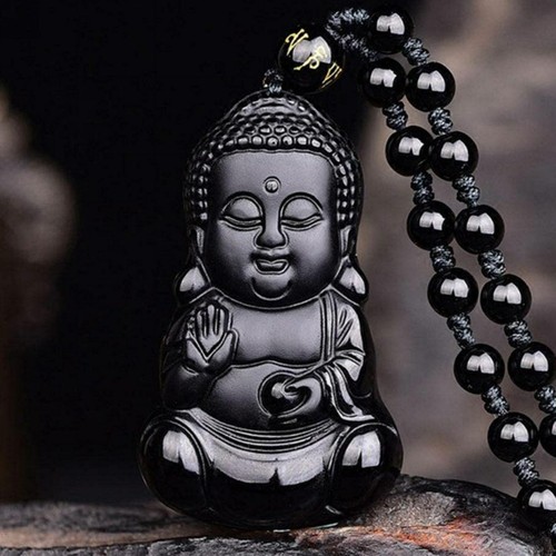 Natürlicher schwarzer Obsidian Baby Buddha Halskette Amulett Anhänger mit Perlenkette - Bild 2 von 5