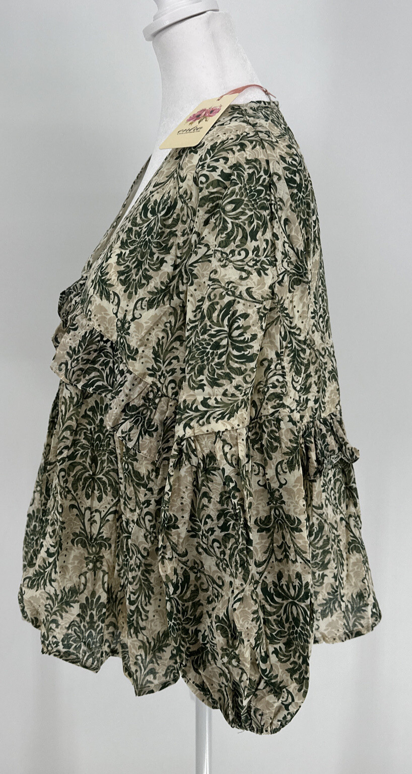 Entro Balloon Sleeve Beige and Green Babydoll Blouse. Perfect for