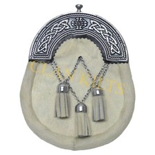 Scottish White Cowhide Formal Full Dress Sporran with Black Enamel Celtic Cantle