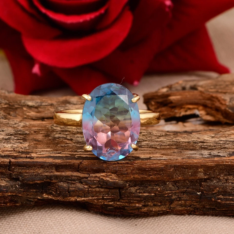 Anillo de compromiso de oro amarillo único ovalado multicolor alejandrita anillo vintage Foto 4 de 4