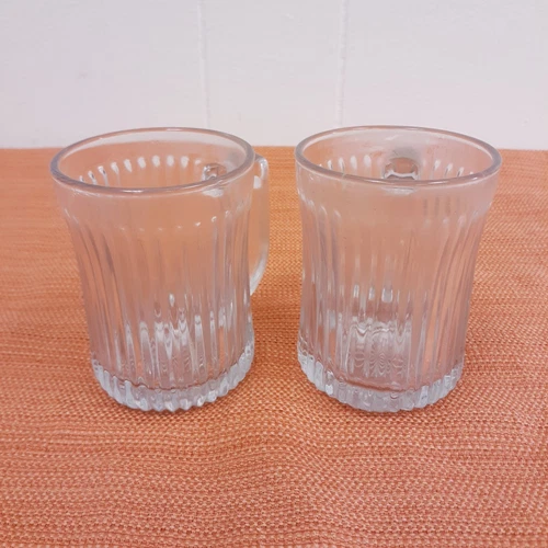 Set of 2 Vintage clear Glasses mugs/coffee With handle Striped 4" free shipping