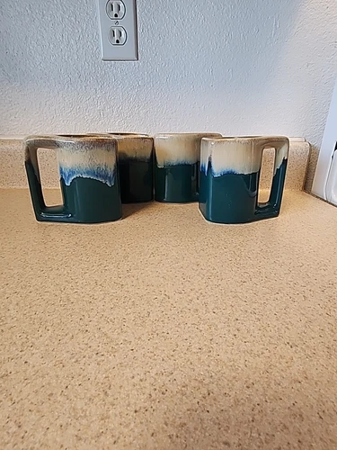 VTG Padilla Signed Stoneware Mugs Blue/Tan Drip Glaze Set of 4 boho