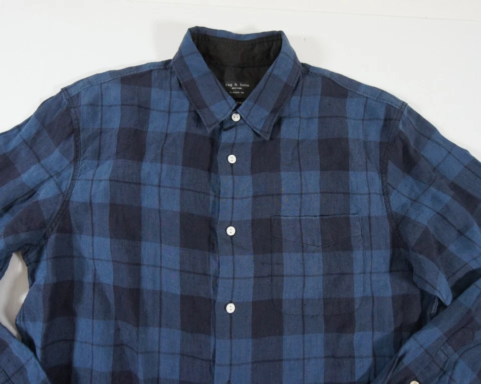 Rag & Bone Shirt Mens Medium Blue Button Up Long Sleeve Classic Fit Plaid Linen - Image 2 of 4