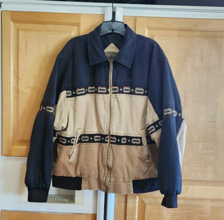 Vtg 90s Canyon Guide Outfitters Canvas Aztec Bomber Jkt L Tan & Blue - product detail image 4