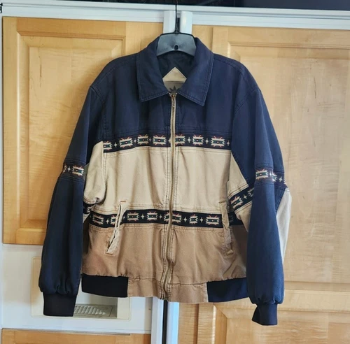 Vtg 90s Canyon Guide Outfitters Canvas Aztec Bomber Jkt L Tan & Blue image 4