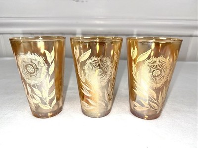 3 Vintage JEANETTE COSMOS MARIGOLD Drink Glasses 8 oz Mid Century Modern