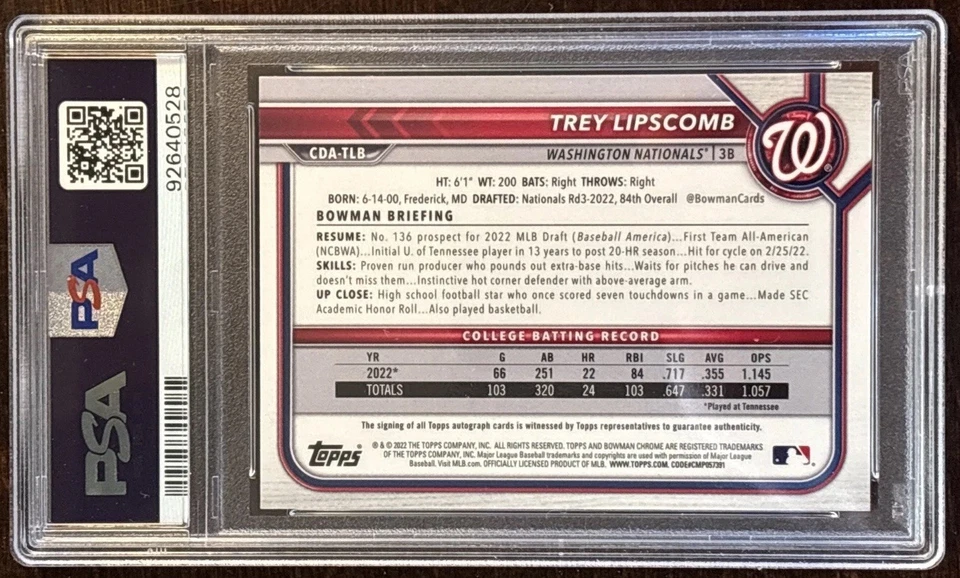 2022 Bowman Draft PSA 10 Trey Lipscomb Gold Wave Refractor #42/50 Nationals - Image 2 of 2
