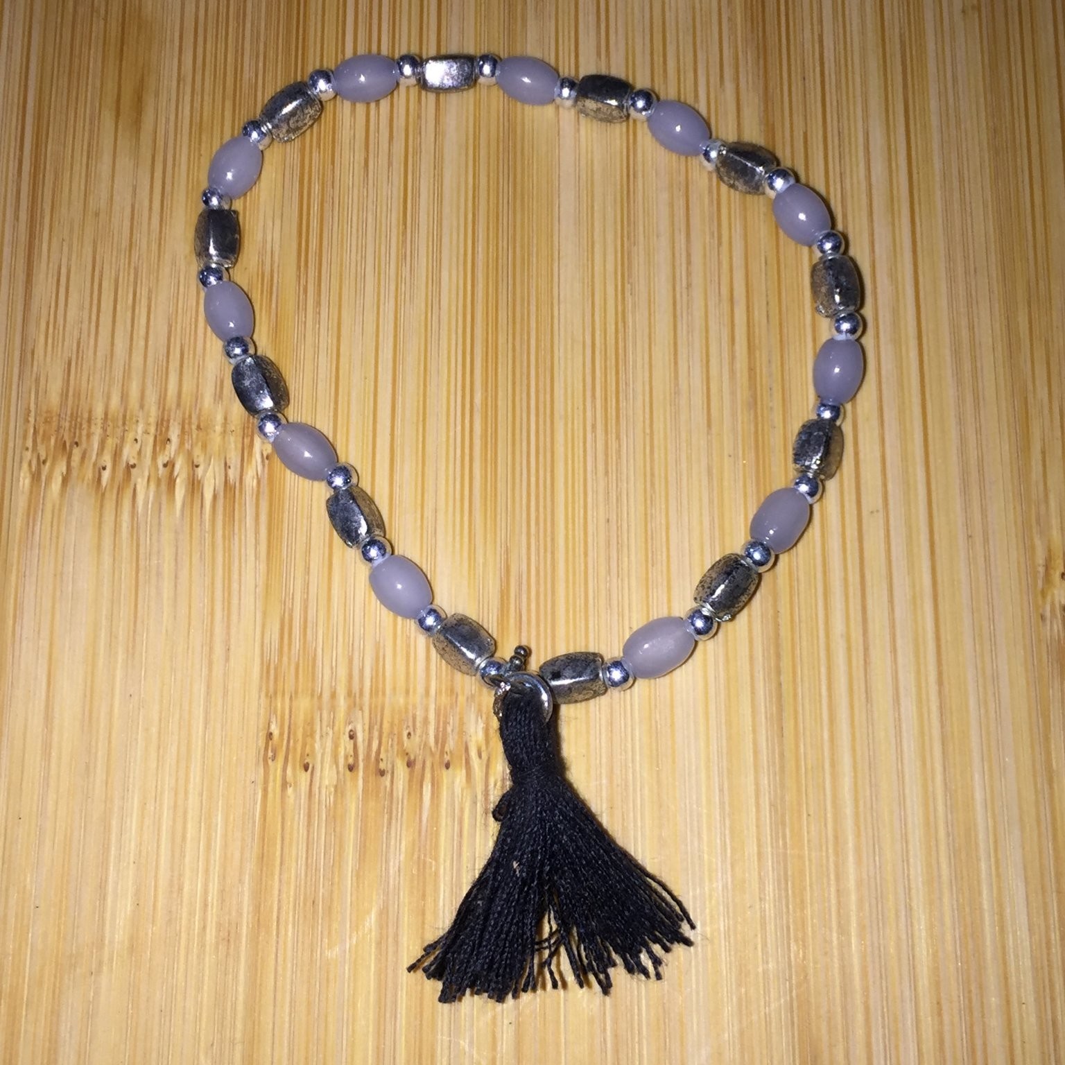 Dark Academia Beaded Stretch Bracelet Acrylic Silver Tone Tassel Charm Gothic