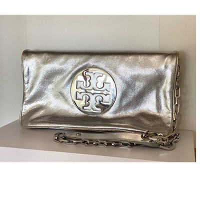 Tory Burch Reva Metallic Silver Chain Shoulder Bag Logo Accent Zip Closure