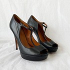 Gucci Black Leather Peep Toe T Bar Pumps size 37.5