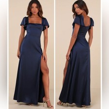 Lulus Ultimate Sweetness Navy Blue Satin Flutter Sleeve Maxi Dress Size Medium
