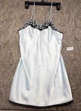 Vintage Val Mode Robe Blue Satin Black Lace Size M Made in USA