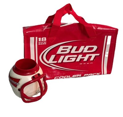Vintage Budweiser 2Pc Bundle Bud Light 18 pack cooler (09) Bud Helmet Cup 92