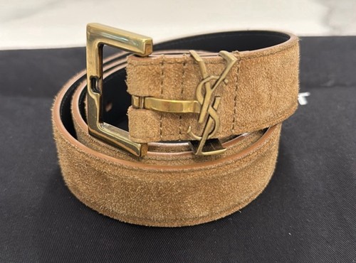 Authentic Saint Laurent Cassandre Suede Leather Tan Belt Size 75 CM YSL