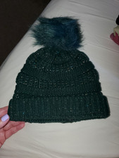 Time And Tru dark green knit beanie with faux fur pom-pom- Women's one size