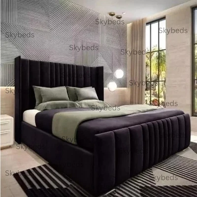 HANDMADE Manhattan Upholstered Panel Bed Frame in Plush Velvet With Gas Lift Ottoman Opt