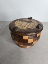 Beautiful Vintage Handmade Round Wooden Trinket Box Candy Dish Bowl With Lid 5"