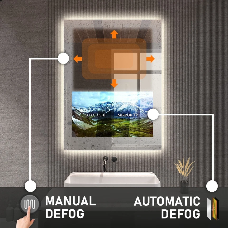 Espejo impermeable para baño inteligente 32"x24" luz tricolor con pantalla táctil de 21,5" Foto 3 de 4