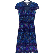 Evan-Picone Blue Purple Paisley Floral V-Neck Cap Sleeve Ruched Waist Dress 4