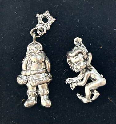 2 VINTAGE MINIATURE SILVER METAL CHRISTMAS ELF PIXIE PIN & SANTA BRACELET CHARM