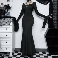 Lady Black Fishtail Dress Long Flared Sleeve Bodycon Slim Gothic Retro Club Bar