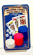 CARDINAL DELUXE PLAYING CARDS, POKER CHIPS AND DICE WITH COLLECTORS TIN NEW OPEN