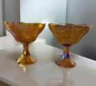 VTG Pair Iridescent Indiana Carnival Glass Pedestal Compote Bowls Harvest Grape
