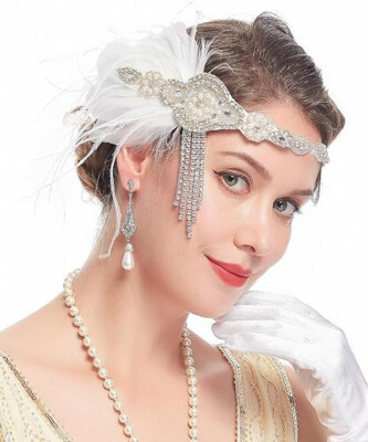 White Silver Flapper Headband Roaring 20s Great Gatsby feather hair accessories